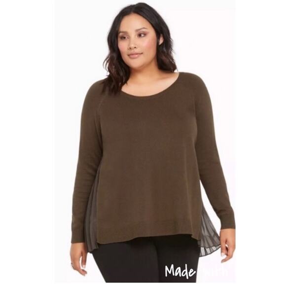 Torrid army green brown knit sweater sheer pleated back size 2 or 2X - Picture 1 of 15